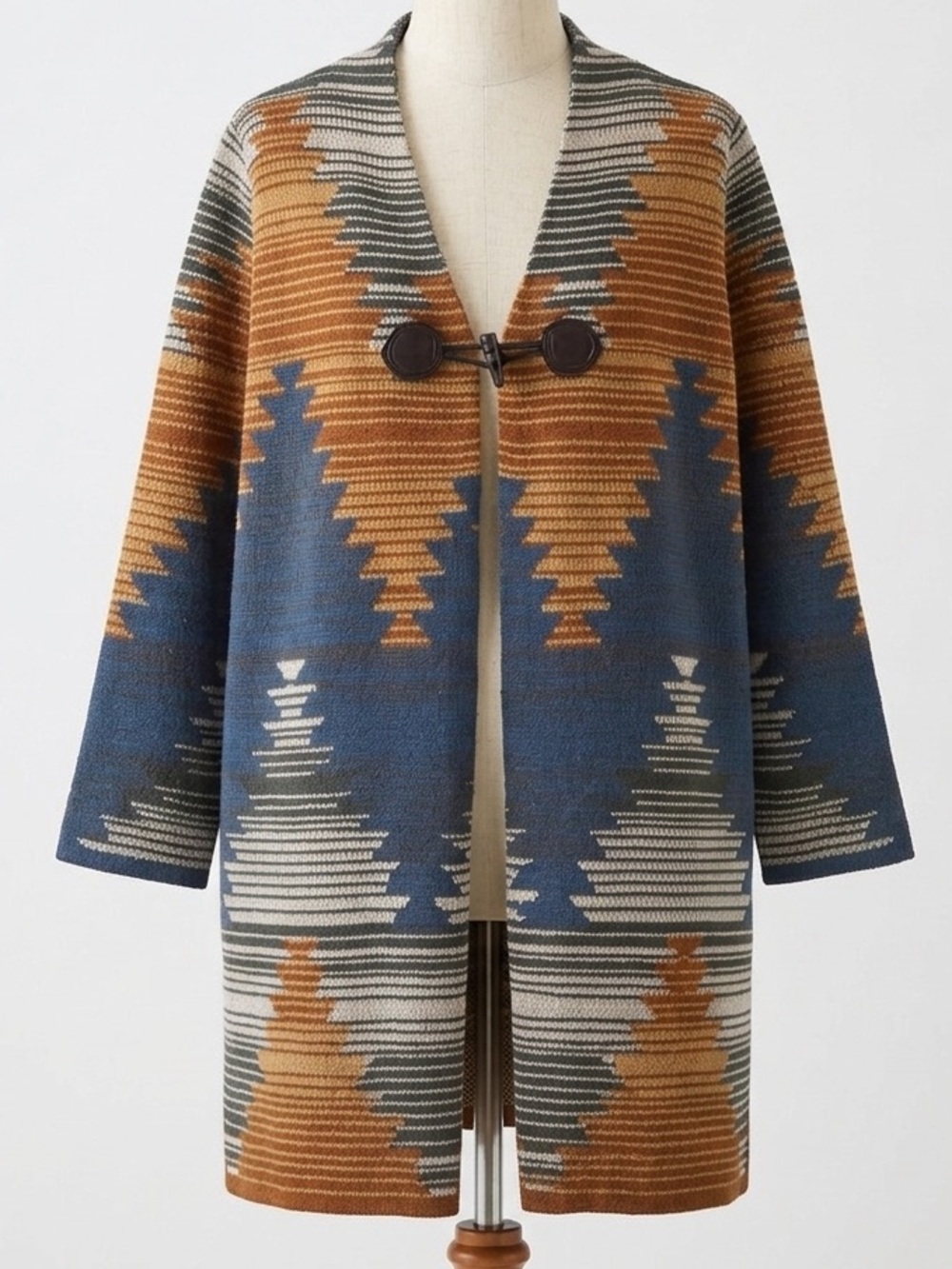Aspen Southwestern Tribal Knit Cardigan Coat Rust Blue Geo Indie Boho Size L